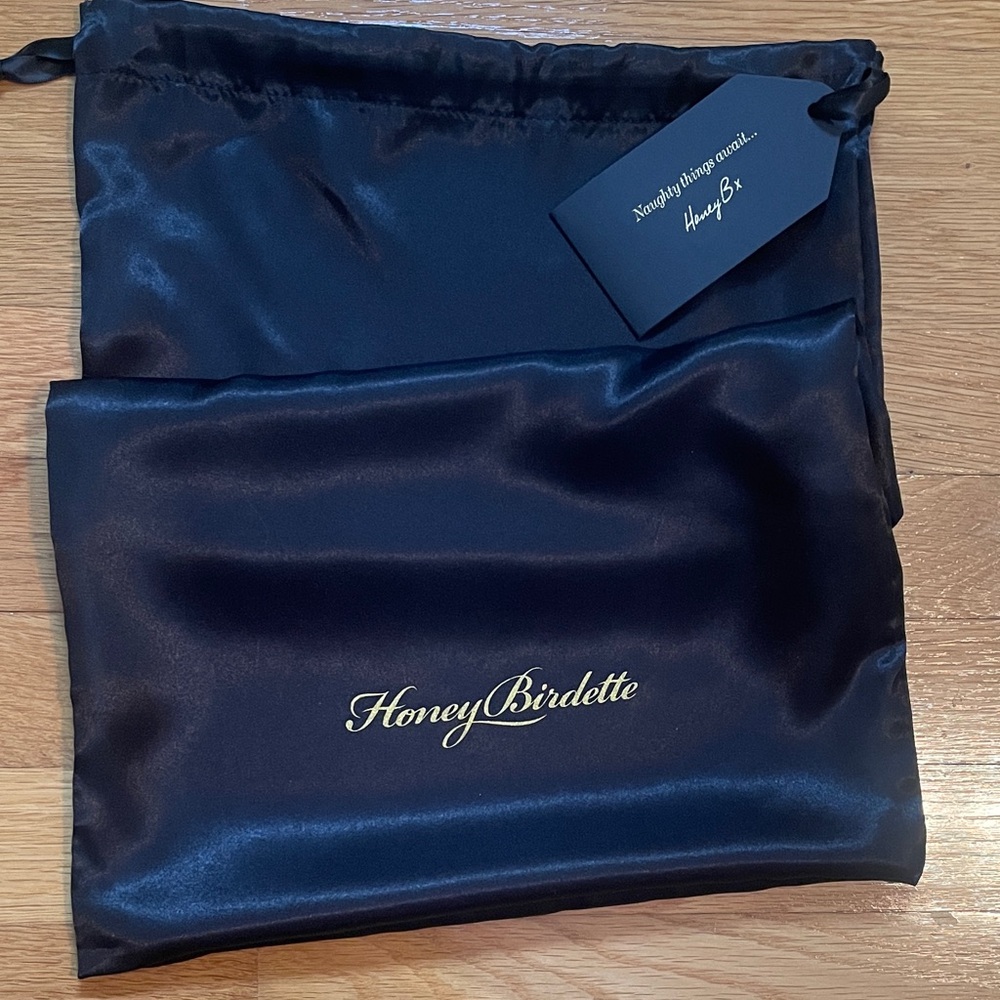 New Honey Birdette Lingerie Dust Bag with Drawstring Closure Black Satin Silk